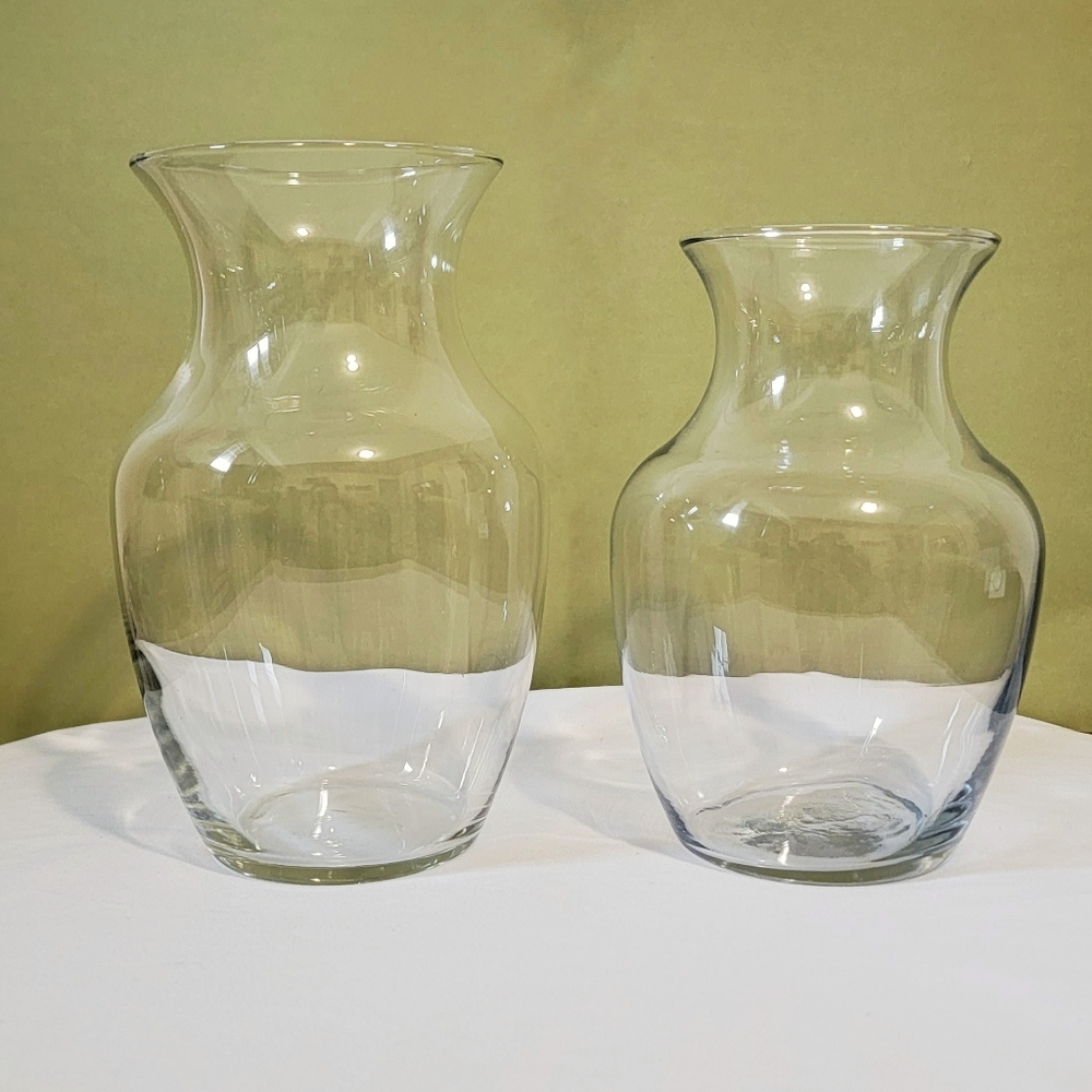 2 Glass Flower Vases, 8" and 7" Height